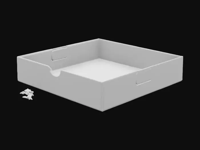 3D model for A distinct, sharply defined discarded cardboard pizza box, flattened but retaining its original square shape with crisp, clean fold lines. Its outer surface is a faded, unbleached brown, with a prominent, legible red and green pizzeria logo ("Slice Joint") and clear recycling symbols. The inner surface exhibits clear, circular grease stains and scattered, dry breadcrumbs. The material is rigid and precisely creased, not blurry or jumbled.