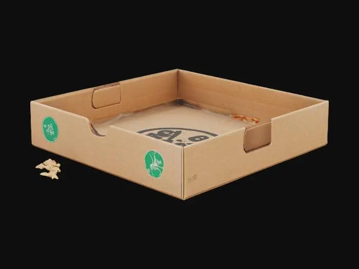 3D model for A distinct, sharply defined discarded cardboard pizza box, flattened but retaining its original square shape with crisp, clean fold lines. Its outer surface is a faded, unbleached brown, with a prominent, legible red and green pizzeria logo ("Slice Joint") and clear recycling symbols. The inner surface exhibits clear, circular grease stains and scattered, dry breadcrumbs. The material is rigid and precisely creased, not blurry or jumbled.