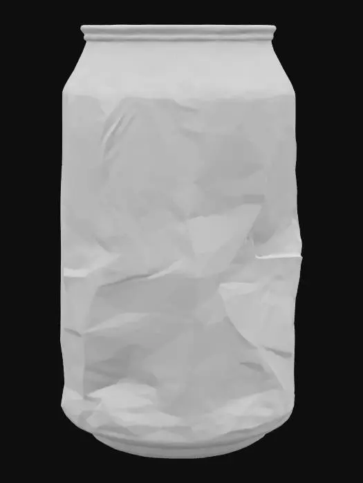 3D model for A crumpled aluminum soda can, specifically a 12oz "Cola Fizz" brand can, with its signature red and white label visibly dented and scratched. The can is flattened and distorted, but the brand name and nutritional information are still partially legible on its curved, matte-finished surface. Areas of exposed silver metal gleam where the paint has flaked off. Its texture is cold, thin, and brittle where crushed, with sharp edges from tearing.