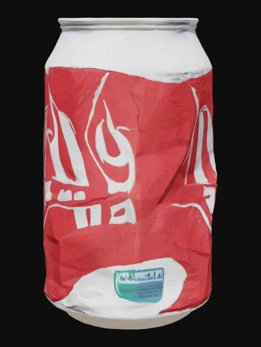 3D model for A crumpled aluminum soda can, specifically a 12oz "Cola Fizz" brand can, with its signature red and white label visibly dented and scratched. The can is flattened and distorted, but the brand name and nutritional information are still partially legible on its curved, matte-finished surface. Areas of exposed silver metal gleam where the paint has flaked off. Its texture is cold, thin, and brittle where crushed, with sharp edges from tearing.