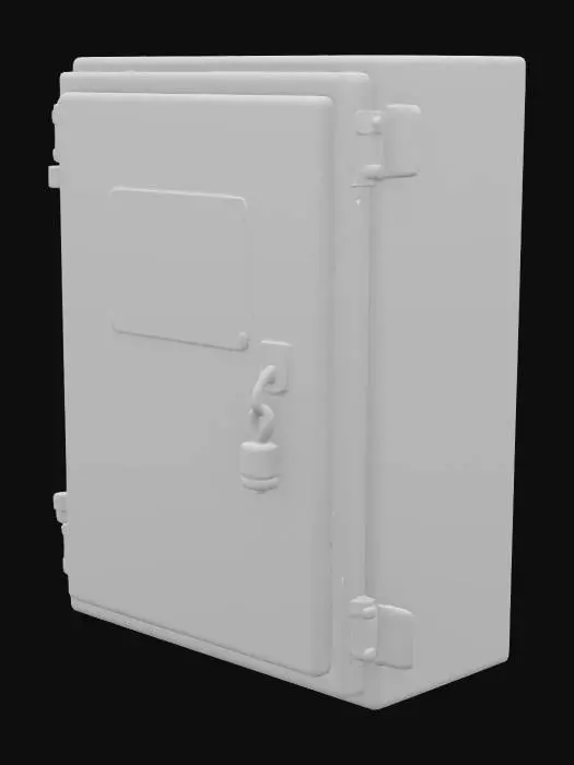 3D model for A square, grey electrical utility box, mounted at waist height on a building wall. The front panel features a clearly legible, embossed yellow warning label, stating "DANGER HIGH VOLTAGE" in black, block letters, along with a smaller symbol. The metal box itself has a slightly textured, matte grey finish, with visible seams and a small, rusted padlock on its latch. Its surface feels cold and rigid, with minor scuffs and dirt accumulation.