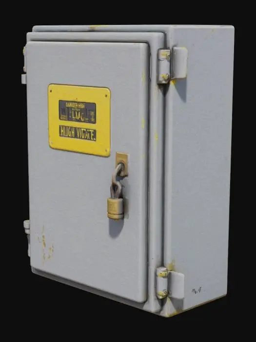 3D model for A square, grey electrical utility box, mounted at waist height on a building wall. The front panel features a clearly legible, embossed yellow warning label, stating "DANGER HIGH VOLTAGE" in black, block letters, along with a smaller symbol. The metal box itself has a slightly textured, matte grey finish, with visible seams and a small, rusted padlock on its latch. Its surface feels cold and rigid, with minor scuffs and dirt accumulation.