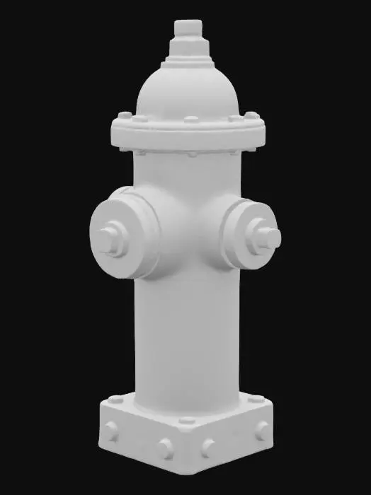 3D model for A standard municipal fire hydrant, cast from heavy, dark red-orange ductile iron with a matte, slightly pitted finish. Its cylindrical body is bolted to a square base, showing minor rust stains weeping from bolt heads and along seams. The hexagonal operating nut on top is a dull brass, exhibiting fine scratches and areas of oxidation. Its surface feels cool and slightly rough, consistent with outdoor metal exposed to weather.