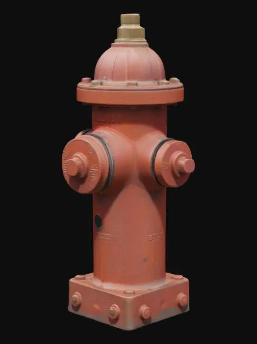 3D model for A standard municipal fire hydrant, cast from heavy, dark red-orange ductile iron with a matte, slightly pitted finish. Its cylindrical body is bolted to a square base, showing minor rust stains weeping from bolt heads and along seams. The hexagonal operating nut on top is a dull brass, exhibiting fine scratches and areas of oxidation. Its surface feels cool and slightly rough, consistent with outdoor metal exposed to weather.