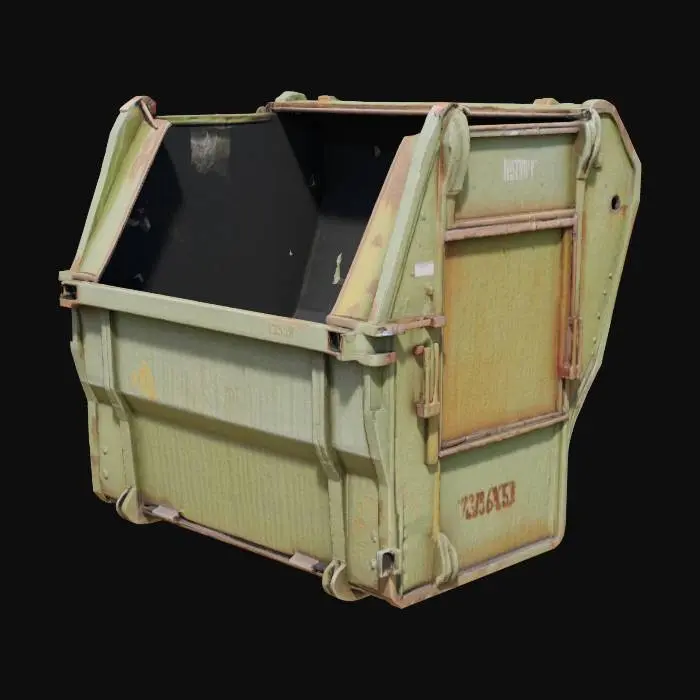 3D model for An overturned, dented metal dumpster, its corrugated steel body a faded olive green, heavily scratched and scuffed. Patches of rust bloom across its surface, especially near the bottom and around the deeply creased corners. The lid is askew, revealing a dark, grimy interior. Its rough, cold metallic texture is marred by numerous impacts, creating an uneven, pockmarked appearance consistent with urban decay and conflict.