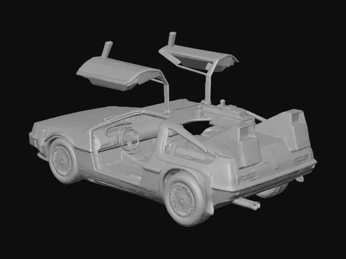 3D model for A production-quality DeLorean from Back to the Future 2, featuring open door driver's side, closed passenger side, detailed interior, and sideways tires rotate flat 90 degrees