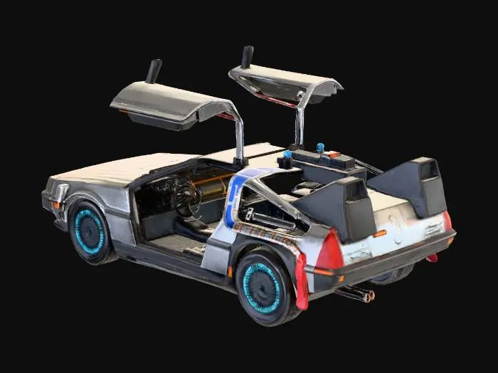 3D model for A production-quality DeLorean from Back to the Future 2, featuring open door driver's side, closed passenger side, detailed interior, and sideways tires rotate flat 90 degrees