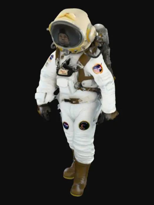 3D model for A realistic 3D model of a human wearing a 1972 NASA deep-sea diver suit. The suit blends retro NASA space aesthetics with underwater gear: a large rounded helmet with reflective visor and faint glowing lights, a thick pressurized suit with seams, clasps, and vintage NASA patches. Oxygen tanks and tubes on the back give a rugged look. Heavy gloves and boots designed for ocean floor walking. Colors muted white/gray with scratches and signs of use. The visor should faintly show the person inside. Full-body, neutral pose, game-ready style, retro-futuristic and ominous.