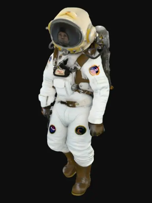 3D model for A realistic 3D model of a human wearing a 1972 NASA deep-sea diver suit. The suit blends retro NASA space aesthetics with underwater gear: a large rounded helmet with reflective visor and faint glowing lights, a thick pressurized suit with seams, clasps, and vintage NASA patches. Oxygen tanks and tubes on the back give a rugged look. Heavy gloves and boots designed for ocean floor walking. Colors muted white/gray with scratches and signs of use. The visor should faintly show the person inside. Full-body, neutral pose, game-ready style, retro-futuristic and ominous.