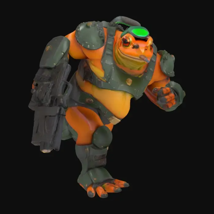 3D model for Sapo color naranja, cuerpo grande y robusto de forma humanoide, usando armadura metálica de combate, en el brazo derecho en ves de mano un cañón de rayo láser, fumando un puro y usando una boina verde, estilo futurista ciberpunk