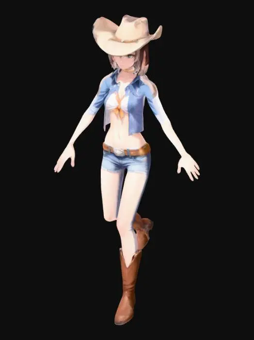 3D model for anime girl, cowgirl, midriff, short hair, skinny, t pose