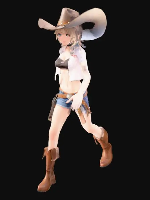 3D model for anime girl, cowgirl, midriff, short hair, skinny, t pose