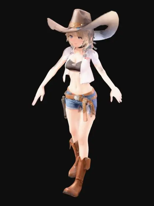 3D model for anime girl, cowgirl, midriff, short hair, skinny, t pose