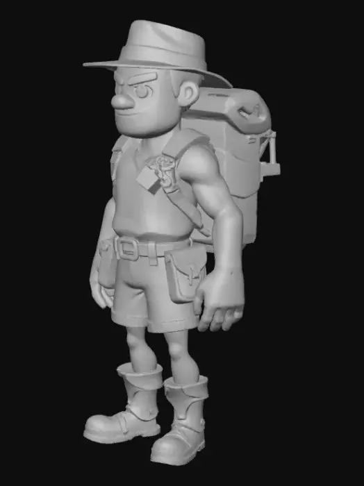 3D model for 3D low poly character, front view, cartoon explorer with backpack and map, Clash of Clans style, tall proportions, bright flat colors, low poly geometric outfit, clean shading, no effect