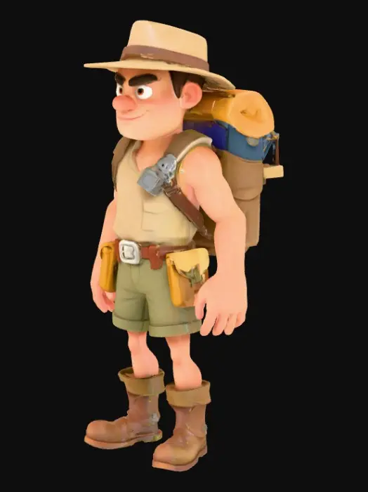3D model for 3D low poly character, front view, cartoon explorer with backpack and map, Clash of Clans style, tall proportions, bright flat colors, low poly geometric outfit, clean shading, no effect