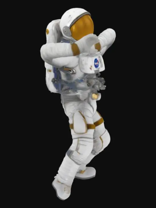 3D model for "Create a realistic 3D model of an astronaut in a detailed modern space suit, standing on the Moon. The suit should feature NASA patches, metallic helmet components, and a gold-tinted visor. Add visible fabric folds, scratches, and dust for authenticity. The oxygen pack should have intricate details. The Moon's landscape should include rocks and craters, with Earth visible in the distance. Apply realistic lighting with harsh shadows and bright highlights. Optimize for games with PBR textures."
