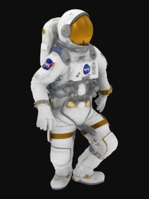 3D model for "Create a realistic 3D model of an astronaut in a detailed modern space suit, standing on the Moon. The suit should feature NASA patches, metallic helmet components, and a gold-tinted visor. Add visible fabric folds, scratches, and dust for authenticity. The oxygen pack should have intricate details. The Moon's landscape should include rocks and craters, with Earth visible in the distance. Apply realistic lighting with harsh shadows and bright highlights. Optimize for games with PBR textures."
