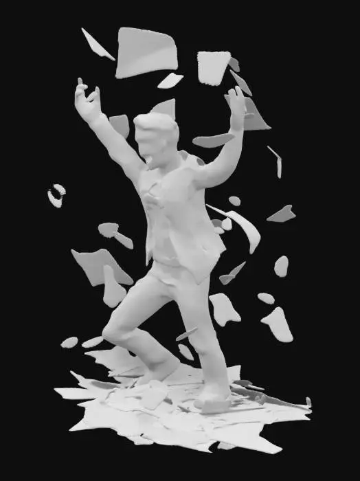 3D model for  a man in a state of frenzy, throwing papers into the air, his face contorted with desperation, documents swirling chaotically around him, (dynamic motion:1.3), (vivid contrasts:1.2), sharp details on facial expressions and flying papers, dramatic lighting emphasizing chaos, 