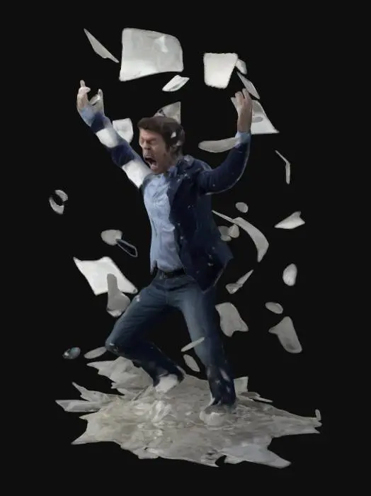 3D model for  a man in a state of frenzy, throwing papers into the air, his face contorted with desperation, documents swirling chaotically around him, (dynamic motion:1.3), (vivid contrasts:1.2), sharp details on facial expressions and flying papers, dramatic lighting emphasizing chaos, 