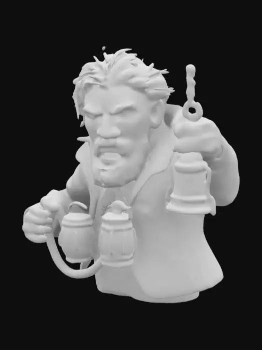 3D model for Create a 3D model of Bill Sikes, a brutal criminal from Charles Dickens' Oliver Twist, in 19th century. He is a gaunt, middle-aged man with a wiry build, dark beard, and greasy hair. His face is weathered, with bloodshot eyes, lips parted mid-yell, and sweat on his brow. His body is in chaotic motion, leaning backward, gripping a rope, and his legs splayed. Iconic objects like a bull's-eye lantern and a red neckerchief are used to emphasize his unstable, perilous stance.