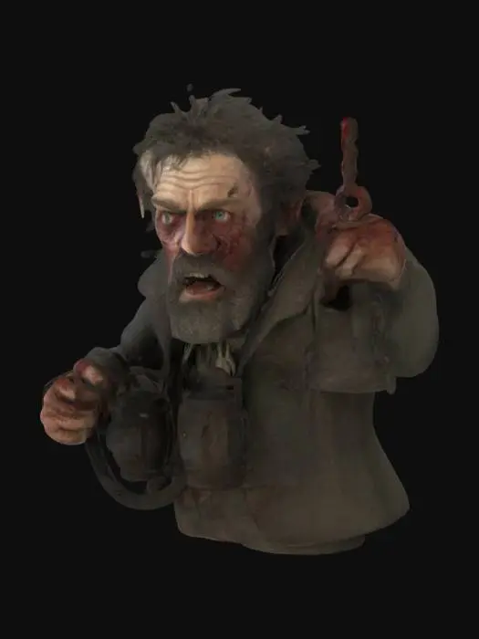 3D model for Create a 3D model of Bill Sikes, a brutal criminal from Charles Dickens' Oliver Twist, in 19th century. He is a gaunt, middle-aged man with a wiry build, dark beard, and greasy hair. His face is weathered, with bloodshot eyes, lips parted mid-yell, and sweat on his brow. His body is in chaotic motion, leaning backward, gripping a rope, and his legs splayed. Iconic objects like a bull's-eye lantern and a red neckerchief are used to emphasize his unstable, perilous stance.