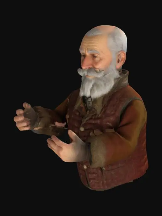 3D model for Create a full-body 3D model of old rich man ,beard, white mustache  Doublet is a fitted, padded jacket with a high collar and stiffened belly, often inspired by armor. . Overlayers include a sleeveless jacket with fur decoration. Accessories inclu.:showcasing kindness, featuring a warm, inviting face, calming colors, evoking empathy and comfort . Surround the face with hands in a supportive gesture, perhaps one hand reaching out as if to offer help, while the other rests gently on the heart. 