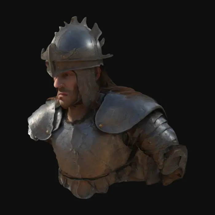 3D model for A highly detailed 3D model of an  warrior , Corpo Intero,Sdraiato dressed in traditional 16th-century warrior . The design features and metal armor plates on the chest and shoulders. , Sdraiato, pose  emphasizing historical accuracy, intricate details, and a sense of power and prestige.A haunting deathly warrior with rich brown hair and glowing eyes wears ornate armor and a bone-decorated helmet. Their scarred face and tattered cloak, merging with fog, convey a sense of inevitability and legend.