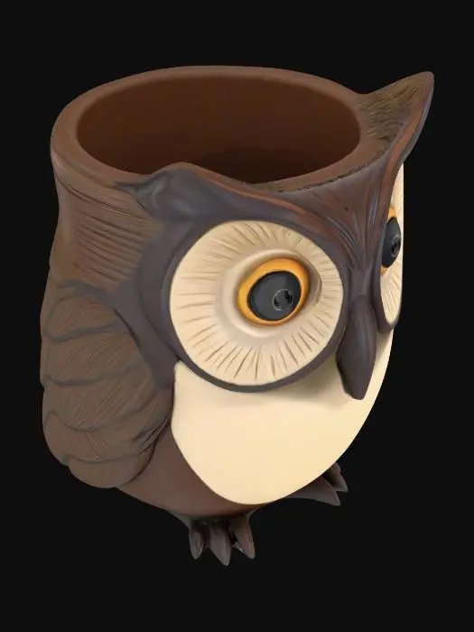3D model for A stylish and functional 3D model of a desktop pen holder featuring an owl face design. The holder has a cylindrical or slightly tapered shape with an intricately detailed owl face on the front. The owl's large eyes, beak, and feather textures give it a realistic yet artistic look, and other stationery items. make it empty inside and from bottom its seal pack