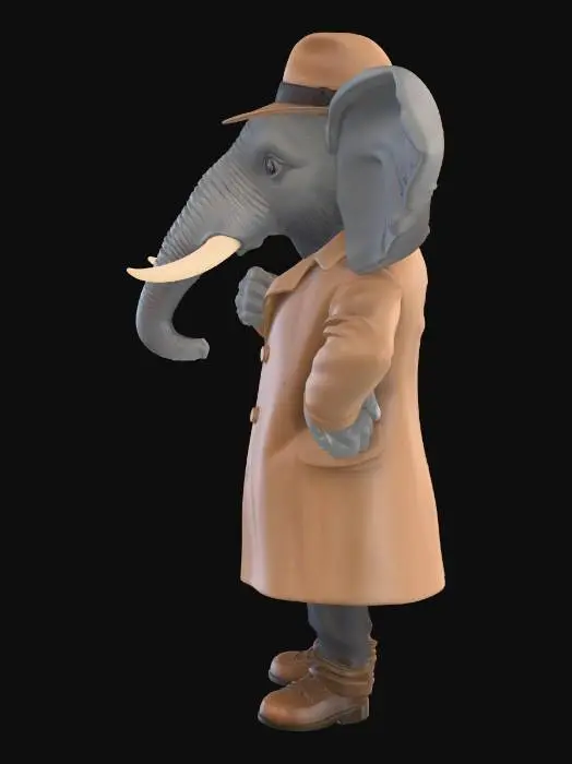 3D model for Full body stylized humanoid elephant detective character, perfectly centered, symmetrical, strict T-pose, arms extended straight horizontally at exactly 90 degrees from torso, palms facing downward, fingers separated and slightly relaxed, legs straight and vertical, feet flat and parallel, neutral expression.

Character design:
Anthropomorphic elephant with large wide ears, curved trunk hanging naturally forward (not touching legs), small ivory tusks, gold hoop earring in left ear, wearing classic fedora hat tilted slightly forward, long trench coat open in the center, visible separated legs under coat, long sleeves not touching torso, clear armpit space, no mesh intersections.

Clothing details:
Stylized detective trench coat with thick collar, clean edge seams, subtle fabric folds, coat