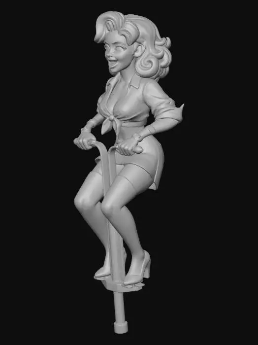 3D model for a 30 years old beautiful 60th elegant pin-up lady with curly hair wearing long nylon stockings under a mini skirt and a large crop top is jumping with a pogostick, white background, both feet in pumps on the bar, both hands on the grips, game style