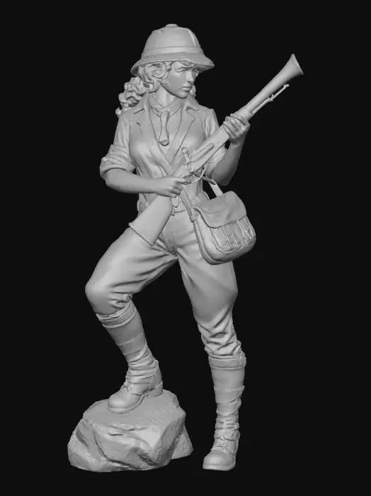 3D model for sexy and elegant female huntress looking to the left, one foot propped on gray stone, curls stick out from under a pith helmet. She wears a khaki blouse with rolled-up sleeves, very deep neckline, knotted scarf, boot trousers and gaitered leather boots. A worn hunting bag hangs to the side. In her hands she holds trumpet-shaped rifle pointing up. British empire, full body, 3d printing, marvel, white background