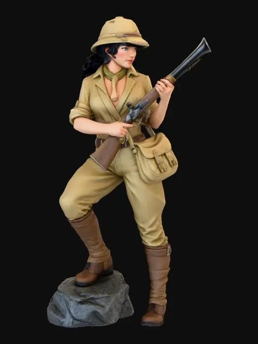 3D model for sexy and elegant female huntress looking to the left, one foot propped on gray stone, curls stick out from under a pith helmet. She wears a khaki blouse with rolled-up sleeves, very deep neckline, knotted scarf, boot trousers and gaitered leather boots. A worn hunting bag hangs to the side. In her hands she holds trumpet-shaped rifle pointing up. British empire, full body, 3d printing, marvel, white background