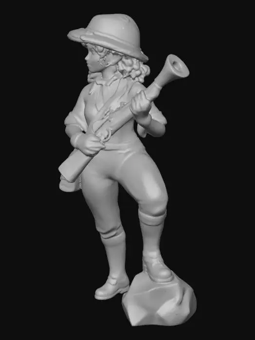 3D model for sexy and elegant female huntress looking to the left, one foot propped on gray stone, curls stick out from under a pith helmet. She wears a khaki blouse with rolled-up sleeves, very deep neckline, knotted scarf, boot trousers and gaitered leather boots. A worn hunting bag hangs to the side. In her hands she holds trumpet-shaped rifle pointing up. British empire, full body, 3d printing