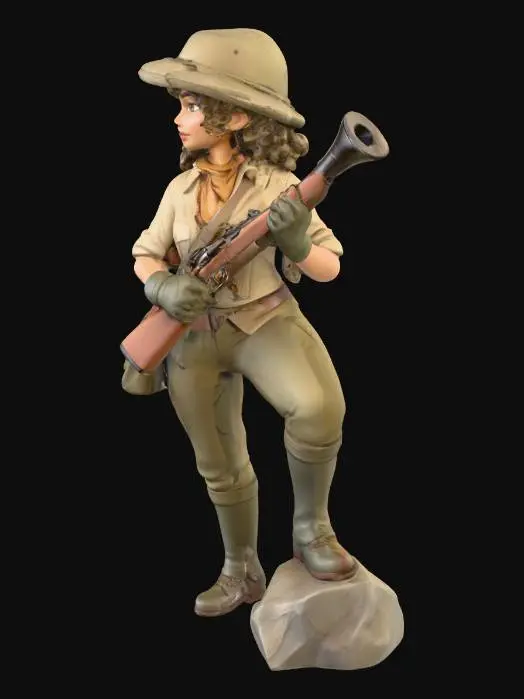 3D model for sexy and elegant female huntress looking to the left, one foot propped on gray stone, curls stick out from under a pith helmet. She wears a khaki blouse with rolled-up sleeves, very deep neckline, knotted scarf, boot trousers and gaitered leather boots. A worn hunting bag hangs to the side. In her hands she holds trumpet-shaped rifle pointing up. British empire, full body, 3d printing