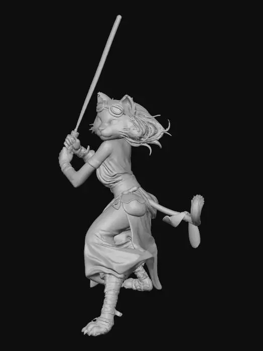 3D model for Jedi Cat Warrior with furry hair, combat stance, holding rod in both hands, tail, tunic over harem pants, goggles, pointy furry ears, boots with gaiters. belt