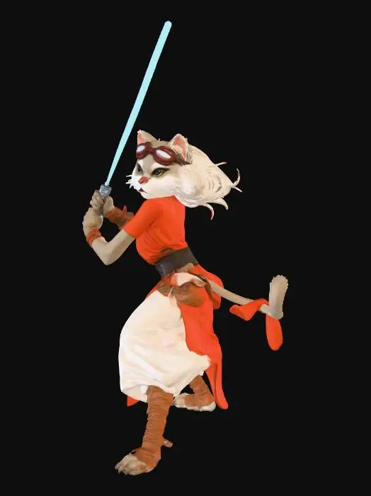 3D model for Jedi Cat Warrior with furry hair, combat stance, holding rod in both hands, tail, tunic over harem pants, goggles, pointy furry ears, boots with gaiters. belt