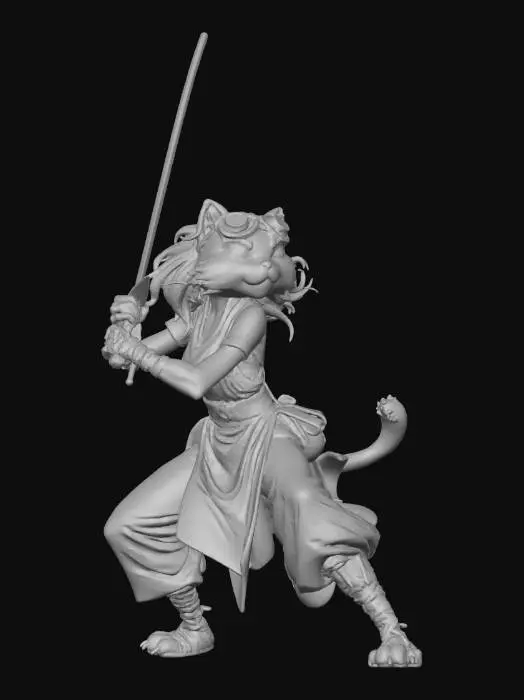 3D model for Jedi Cat Warrior, combat stance, holding rod in both hands, tail, tunic over harem pants, goggles, pointy furry ears, boots with gaiters. belt, 3d model for printing