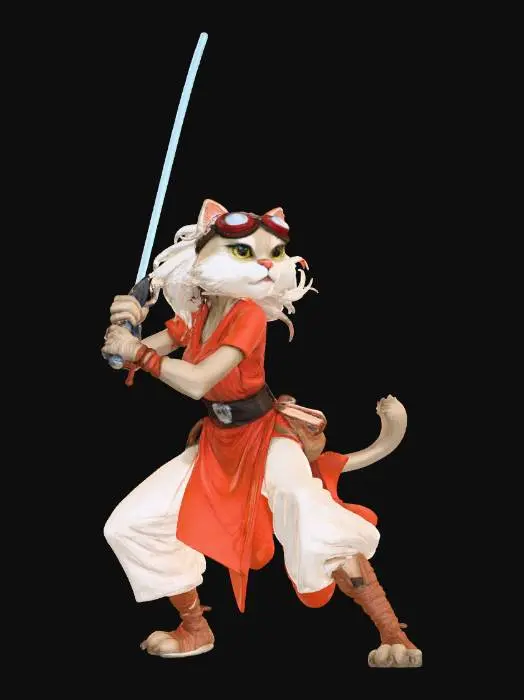 3D model for Jedi Cat Warrior, combat stance, holding rod in both hands, tail, tunic over harem pants, goggles, pointy furry ears, boots with gaiters. belt, 3d model for printing