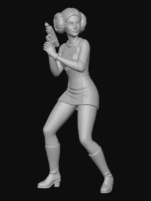 3D model for princess leia wearing a white short classic starfleet dress, star trek phaser, hair cinnamon buns, full body view, TOS, white background, pinup, action stance
