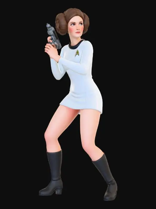 3D model for princess leia wearing a white short classic starfleet dress, star trek phaser, hair cinnamon buns, full body view, TOS, white background, pinup, action stance