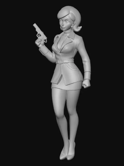 3D model for character, female, leather jacket with belt, pumps, minidress, gun, gloves, sixties, kate archer, nolf, cartoon, 3d model