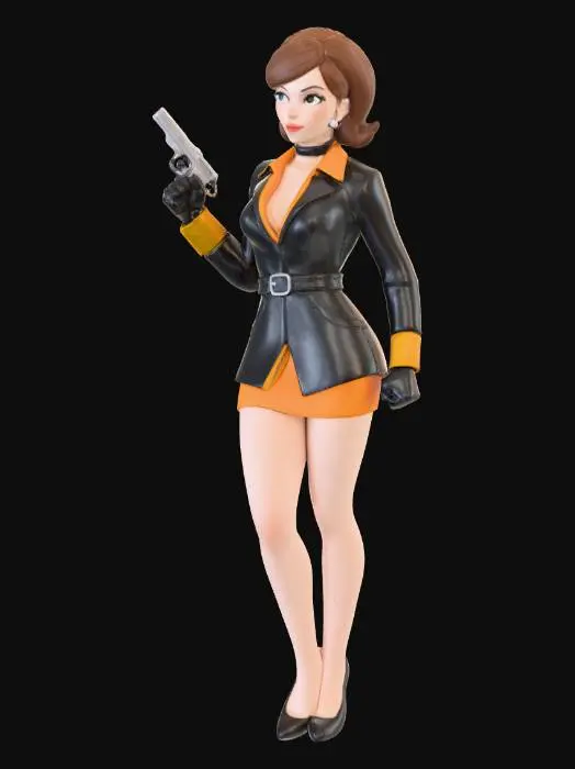 3D model for character, female, leather jacket with belt, pumps, minidress, gun, gloves, sixties, kate archer, nolf, cartoon, 3d model