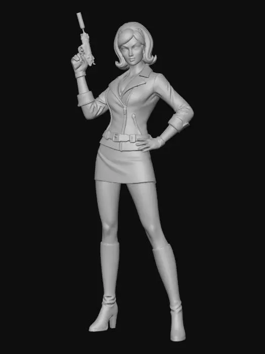3D model for character, female, leather jacket with belt, boots, minidress, gun, gloves, sixties, kate archer, nolf, comic, 3d model
