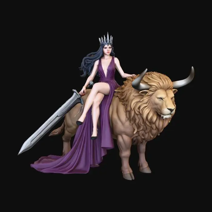 3D model for character, xiombarg, beautiful young woman, spiky crown, carries a giant staight sword, wearing a long dress with slit to show her crossed legs, elegant heeled pumps, deep v-neck, riding a bull with the head of a roaring lion, lions head with 2 bull horns, realistic hands and legs, comic