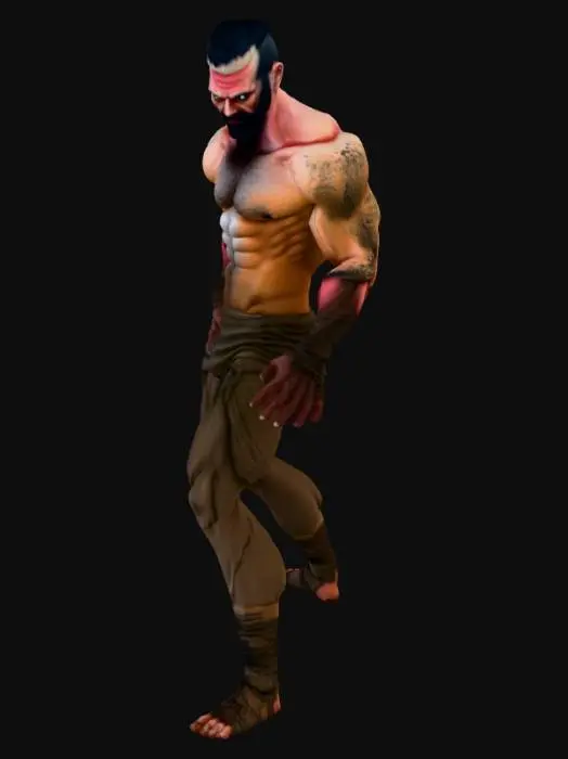 3D model for A colossal, powerfully built man, his muscular, bronze-toned skin deeply scarred and textured with deep forgotten gashes, perpetually streaked with gritty ash and soot. Veins faintly glow beneath his tough skin. Sharp cheekbones and a squared jaw frame intensely pale, piercing eyes, burning with unwavering blue flames of defiance. His short, coarse black hair is matted, caked with ingrained grime. Massive, calloused hands are clenched into formidable, rock-hard fists. He wears layered, heavily tattered, and frayed garments; his thick trousers, faded to a coarse, dusty grey-brown, are bound by multiple interwoven, distressed leather belts and rough fabric strips. A thick layer of fine dust and ash adheres to every surface, imparting a muted, earthy, tactile quality.