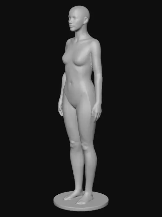 3D model for Create a clean, watertight 3D print model of a fashion-mannequin style female figure. Elegant, balanced proportions, smooth anatomy, symmetrical pose, standing upright. Subtle curves, refined body shape, stylized but realistic silhouette. Simple seamless bodysuit or swimwear. No hair strands, minimal facial features, closed eyes for sculpt look. Clean quad topology, no holes or thin parts, stable base for printing. High-resolution surface, soft highlights on form.