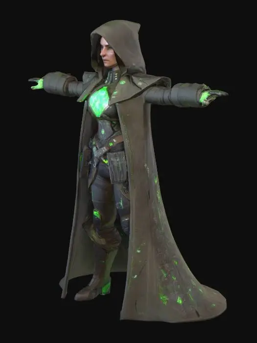 3D model for A female post-apocalyptic mystic healer character in T-pose, game-ready 3D model, no weapon, wearing a long torn coat with glowing green energy crystals embedded in chest armor, survival accessories like pouches and straps, futuristic but weathered design, clean silhouette, realistic PBR textures, highly detailed, for Unity game character
