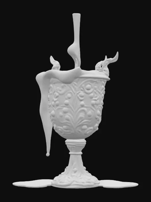 3D model for #food# fantasy dragonfruit goblet overflowing with molten honey, carved golden details, glowing magical aura, game-ready asset