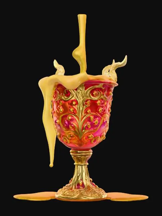 3D model for #food# fantasy dragonfruit goblet overflowing with molten honey, carved golden details, glowing magical aura, game-ready asset