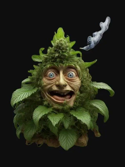 3D model for Marijuana Plant, Carved, Ultra Realistic, Highly Detailed, Organic, Symmetrical, Eyes, Mouth, Smoking